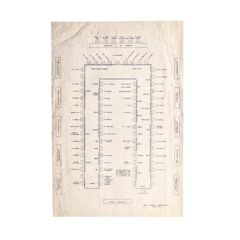 A postcard that depicts the seating chart for delegates at the Paris peace conference during WWI. The chart is a faded yellow color.