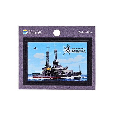 This mini sticker depicts the National World War Museum and Memorial, showcasing a WWI battleship and a plane soaring through the American sky.