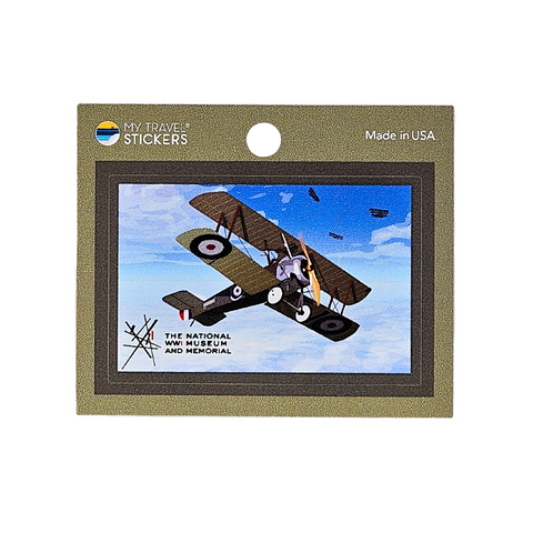 Rectangular mini sticker featuring a vintage WWI biplane painting soaring against a blue sky, branded with The National WWI Museum and Memorial text and logo.