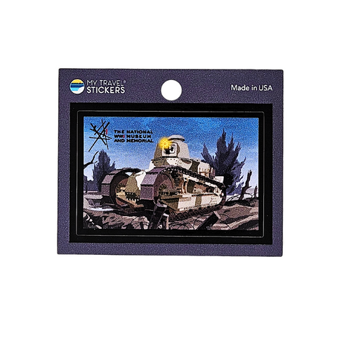 A mini sticker depicting a tank in battle. The text reads The National WWII Museum. The sticker features muted colors and stylized illustrations.