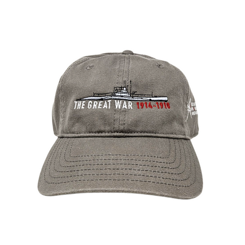 An off gray baseball cap with an image of the top half of a white submarine embroidered on the front. Underneath the submarine is the text "The Great War 1914-1918".