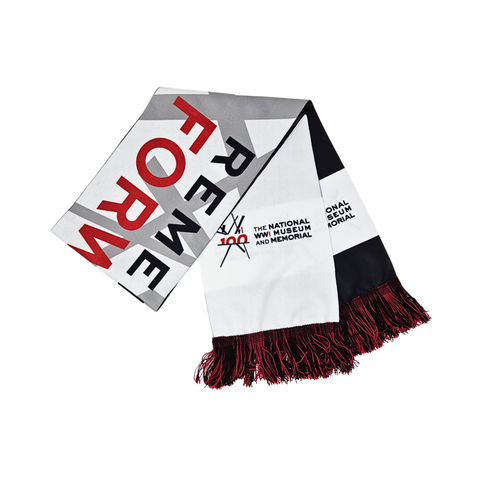 Scarf with red, black, and white design on a white background