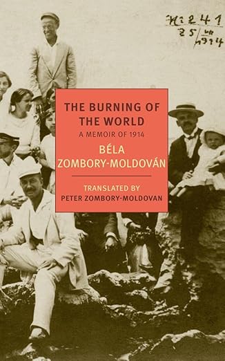 Cover of The Burning of the World by Béla Zombory-Moldován, an NYRB Classics edition, features a sepia-toned photo capturing people gathered outdoors during the First World War.