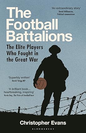 The cover shows a blue background with a silhouette of a WWI soldier standing in front of a barbed wire trench fence holding a vintage football. 