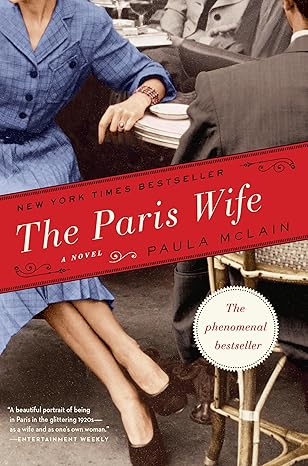 The book cover of The Paris Wife by Paula McLain showcases a woman in a blue dress seated next to a man in a suit, capturing the essence of Paris 1920s. The banner proudly declares it a New York Times bestseller, echoing the vibrant era of the Lost Generation.