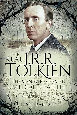 The cover for J.R.R. Tolkien shows an image of a young Tolkien surrounded by gnarled trees and a barren battlefield. Below his image is a faded map of middle earth. 