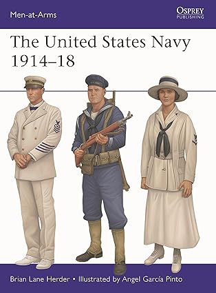 The cover is a bright blue and white background showcasing 3 illustrations. One is a sailor in a crisp white uniform. The middle image is of a soldier in a blue naval infantry uniform holding a rifle, and the third is a woman in a white Yeoman's uniform. 