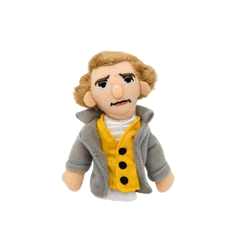 I cloth finger puppet of Thomas Jefferson. It wears a blue coat.
