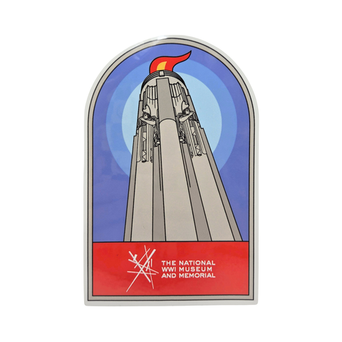 Large sticker of the Liberty Memorial Tower. At the bottom is a red box with the logo for the National WWI Museum and Memorial.