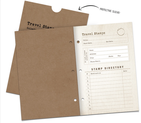 A brown booklet with spots to place travel stamps