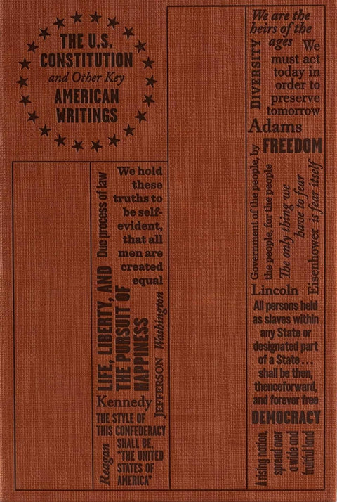 A leather cover featuring many prominent phrases, quotes, and individuals from American history. The title in the top left is sported with a ring of stars.