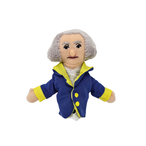 I cloth finger puppet of George Washinton. It wears a blue coat.