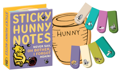 Small colorful sticky notes with illustrations depicting each of the characters from Winnie the Pooh. There is a larger note pad depicting a jar of honey.