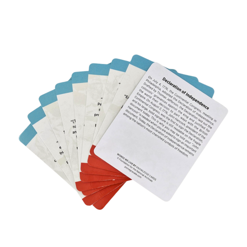 A spread of cards displaying the content of the deck. It has light blue and bright red detailing. 