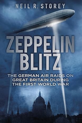 The cover is dark stormy blue. There is an outline of a cloudy cityscape and spotlights shinning up in the sky tracking a large imposing Zeppelin. 