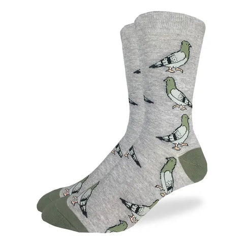 Gray socks with a pattern of pigeons, featuring green toes and heels.