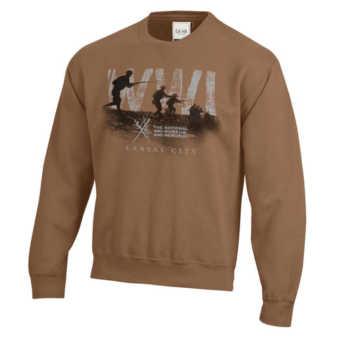 Brown sweatshirt with graphic design and text on a white background