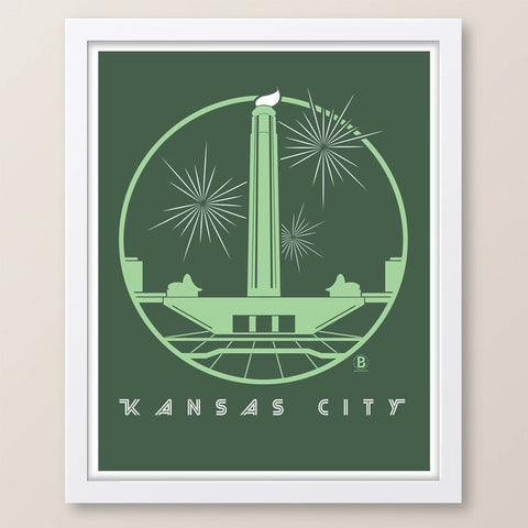 A green print of the Liberty Memorial Tower with fireworks in the background.  The image is encased by a circle, and on the bottom is white text that reads "Kansas City".
