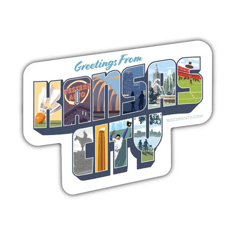 A white postcard with bold text that reads "Greetings from Kansas City". within each letter in "Kansas City" are illustrations of iconic scenery such as the Liberty Memorial Tower or the Kaufman Center.