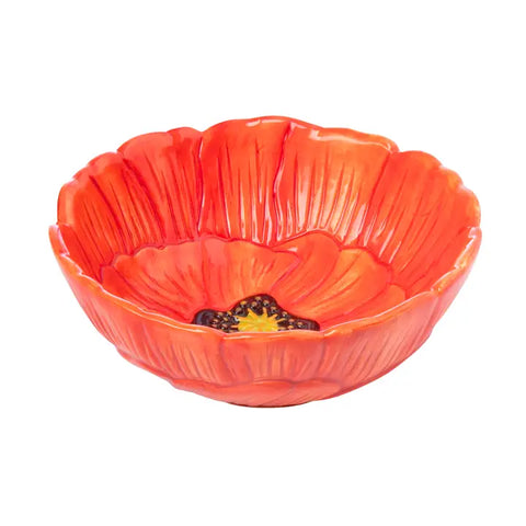 Red cereal bowl in the shape and coloring of a red poppy flower. Includes 3D crafting and a black and yellow center.