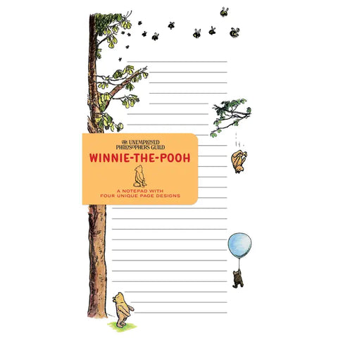 A long lined notepad with illustrations of Winnie-the-Pooh on them.
