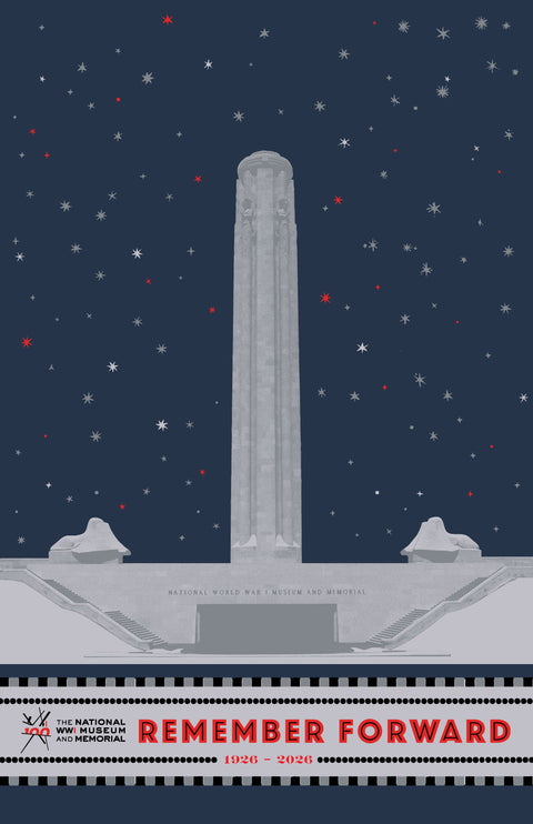 A stylized poster print featuring a tall monument centered against a dark navy night sky with scattered stars. The bottom includes a film-strip style border with the text 'REMEMBER FORWARD' and '1926 - 2026,' plus the National War Museum and Memorial logo.