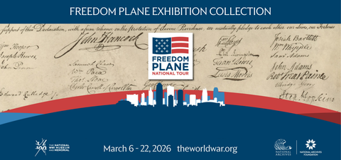 Banner displaying information for the Freedom Plane Exhibition and text for buying merch at the museum store online.