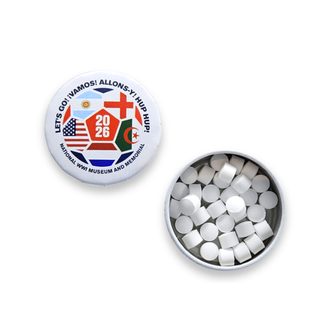 Small round tin with a graphic design mean to replicate the sections of a soccer ball. In each section is the flag of a participating country of the 2026 FIFA.  On the bottom of the graphic is text for the National WWI Museum and Memorial. The tin is opened to show small white mints inside.