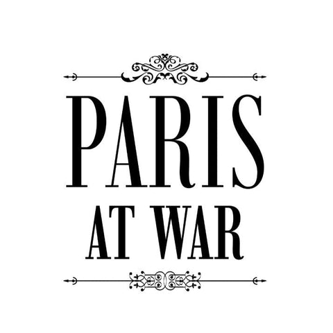 Black at white exhibit banner that reads Paris at War. There are black decorative lines that frame the text.