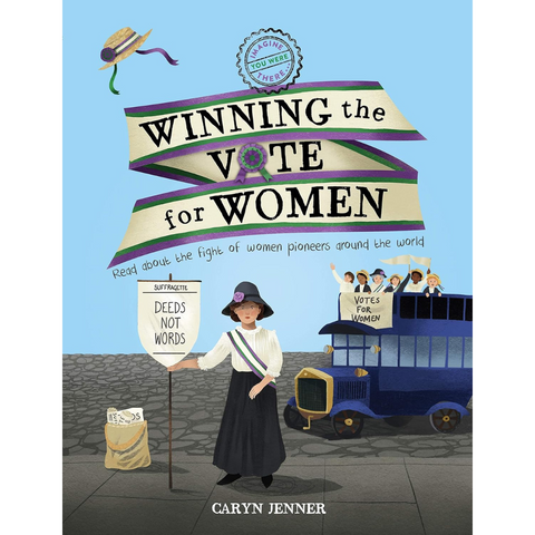 Book cover for Winning the Vote for Women by Caryn Jenner, showcasing a suffragette wielding a sign, with a banner highlighting the 19th Amendment and a bus in the background.