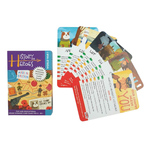 A card game titled History Heroes is shown, featuring historical figures from World War I. The set includes a box and several colorful cards spread out, each showcasing vivid illustrations and fascinating information.