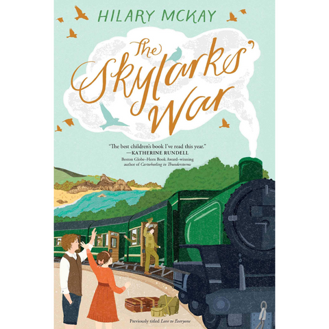 The book cover of The Skylarks' War by Hilary McKay beautifully captures Clarry Penrose and other children at a train station, set against the backdrop of an early twentieth-century steam locomotive and the title inside the steam of the engine in orange letters.